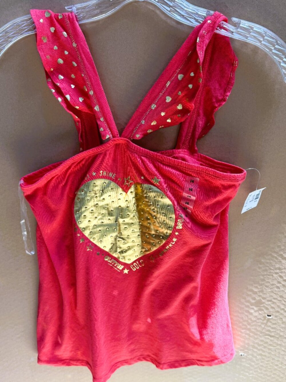 NWT Girls Justice Coral/Red Tank Top w/Gold Studded Heart Graphic, Size 14